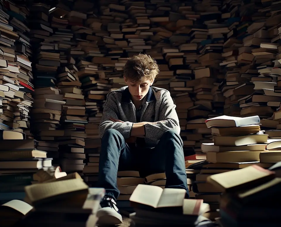 Overwhelmed student boy surrounded by books