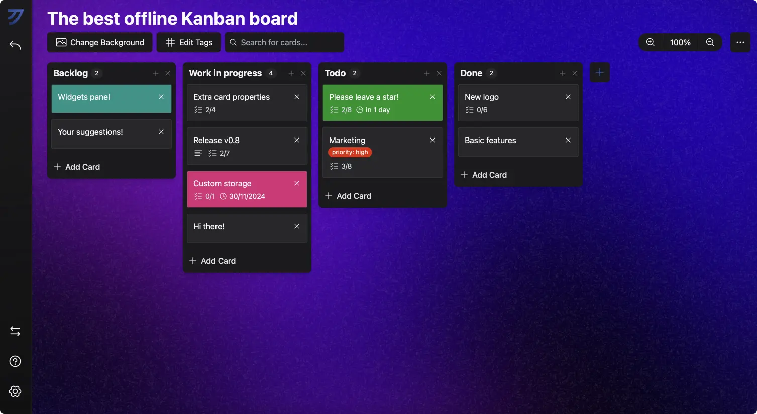 Screenshot showcasing a Kanri Kanban board example with cards, columns, custom background image, custom card colors, tags, sub-tasks and due dates